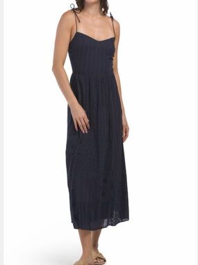 Zara Navy Tie-Strap Eyelet Midi Dress